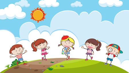 Young children playing on a hill illustrationのイラスト素材