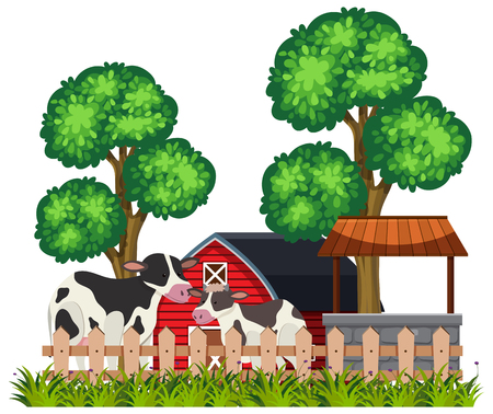 Scene of a farm with cows illustrationのイラスト素材