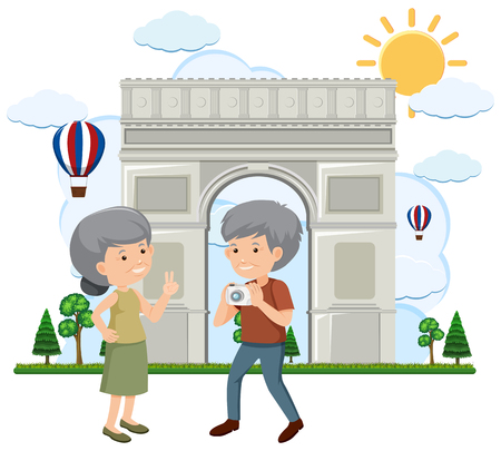 An Old Couple Travel to Paris illustrationのイラスト素材