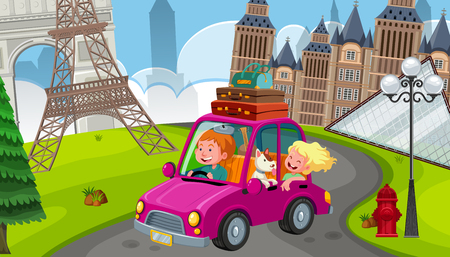 A Young Couple on Road Trip in Europe illustrationのイラスト素材