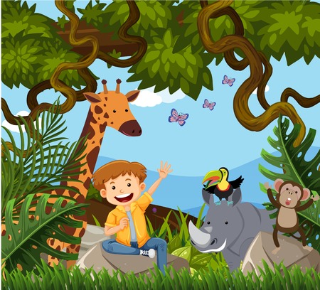 A Happy Boy in Jungle illustrationのイラスト素材
