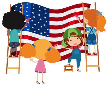 Kids Drawing American Flag on White Backgrtound illustrationのイラスト素材