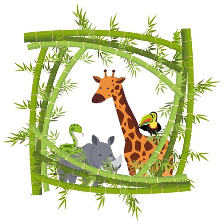Different animals within a bamboo frame illustrationのイラスト素材