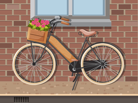 Bike leaning againist a brick wall illustrationのイラスト素材