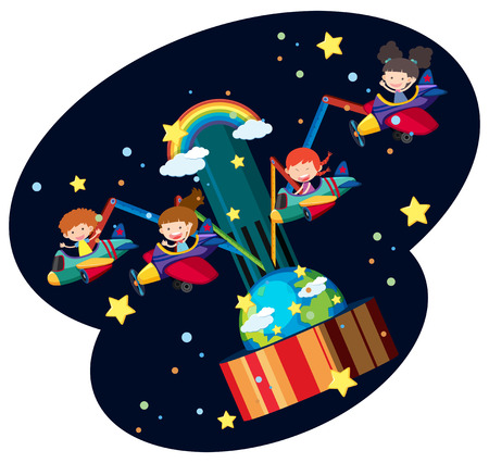 Children riding the plane at fun park illustrationのイラスト素材