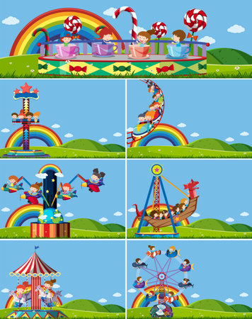 Set of different amusement rides illustrationのイラスト素材
