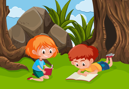 Two young children reading in the park illustrationのイラスト素材