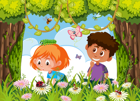 Children searching for insect in nature illustrationのイラスト素材