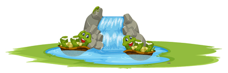 Turtle playing in the pond illustrationのイラスト素材