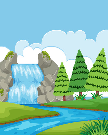 A beautiful waterfall landscape illustrationのイラスト素材