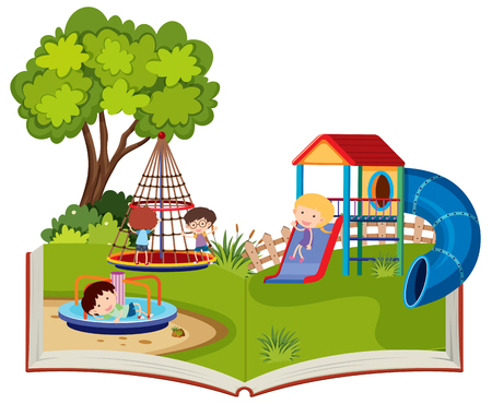 Children playing in a playground pop up book illustrationのイラスト素材
