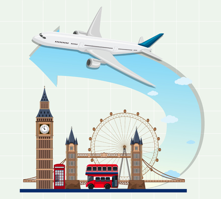 England landmarks with airplane illustrationのイラスト素材