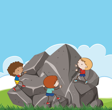 Children climbing up rock scene illustrationのイラスト素材