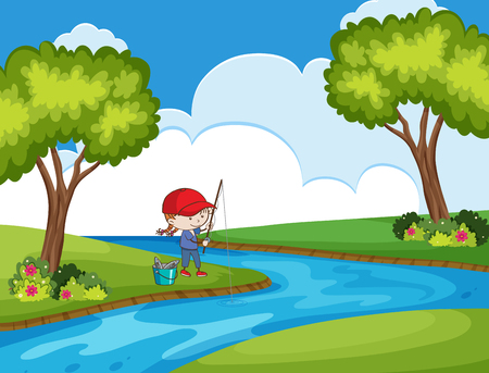 child fishing in park scene illustrationのイラスト素材