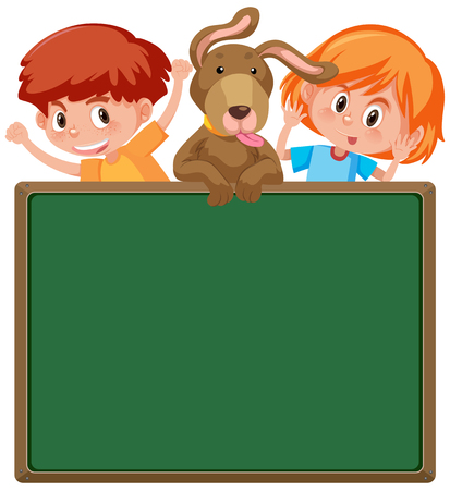 Children and dog blackboard frame concept illustrationのイラスト素材