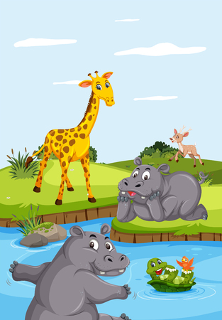 Wild animals living next to the river illustrationのイラスト素材