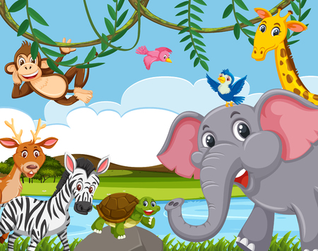 Wild animal living next to the river illustrationのイラスト素材