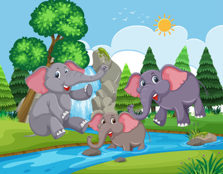 Elephant playing in the water illustrationのイラスト素材