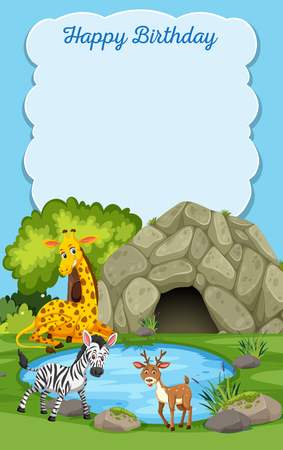 Wild animals happy birthday card illustrationのイラスト素材