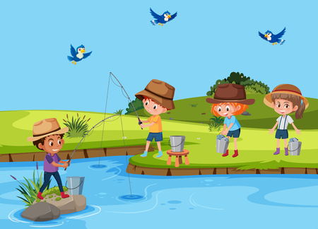 Set of children fishing in river illustrationのイラスト素材