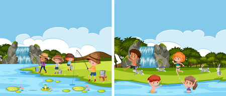 A river activity scene illustrationのイラスト素材