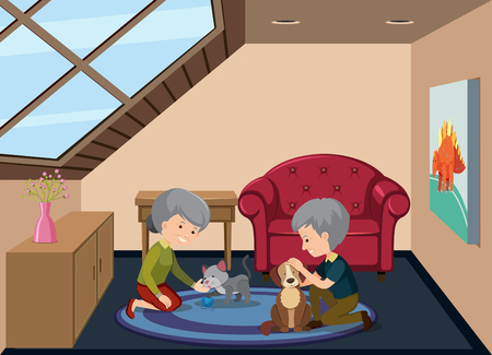 Senior couple and pet at attic illustrationのイラスト素材