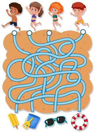 Find beach objects maze game illustrationのイラスト素材