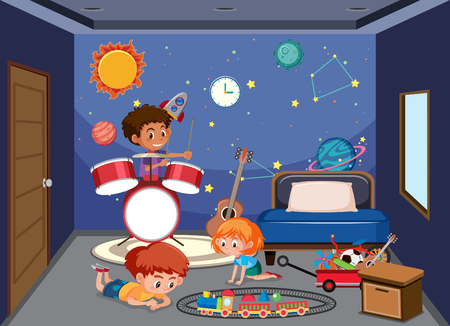 Children playing in bedroom illustrationのイラスト素材