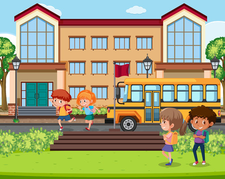 Children infront of school scene illustrationのイラスト素材