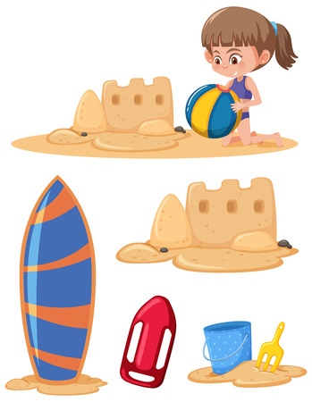 Set of girl playing at the sand illustrationのイラスト素材