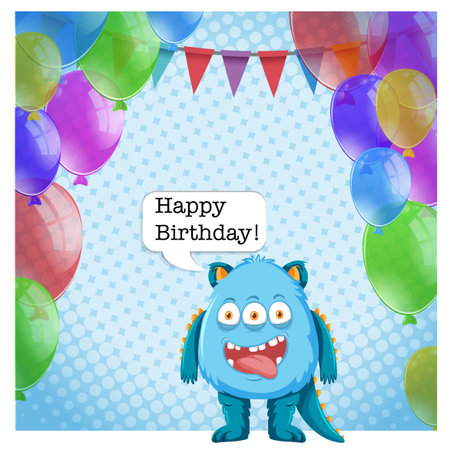 Blue monster on birthday card template illustrationのイラスト素材