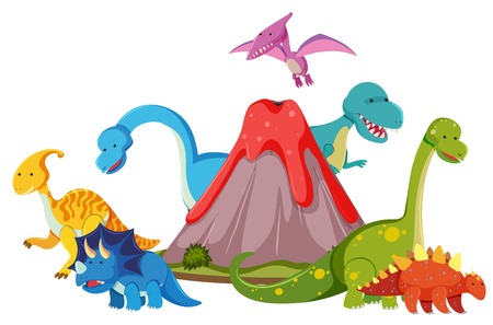Many dinosaur next to volcano illustrationのイラスト素材
