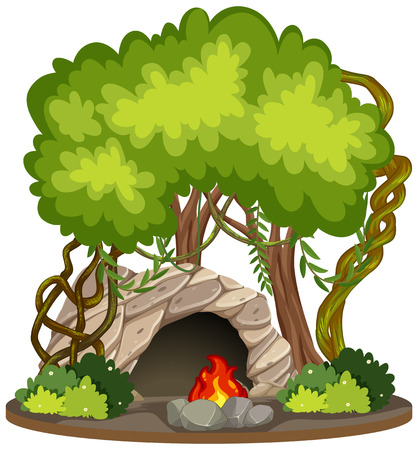 Cave with fire pit nature scene illustrationのイラスト素材