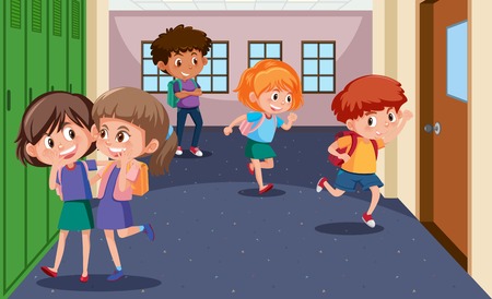 Students at the school hallway illustrationのイラスト素材