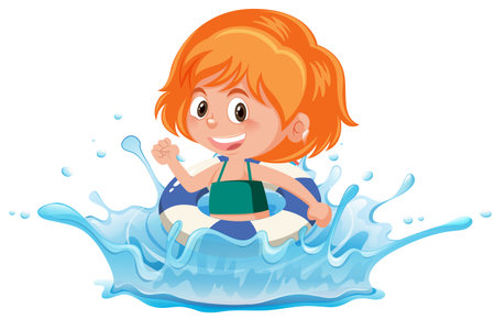 Girl playing in water with inflatable ring illustrationのイラスト素材
