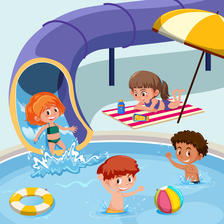 Kids playing at swimming pool illustrationのイラスト素材
