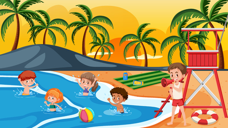 Children at the summer beach illustrationのイラスト素材