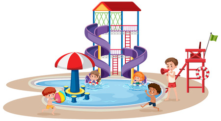 Children playing in a waterpark illustrationのイラスト素材