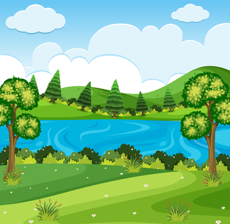 River park nature scene illustrationのイラスト素材