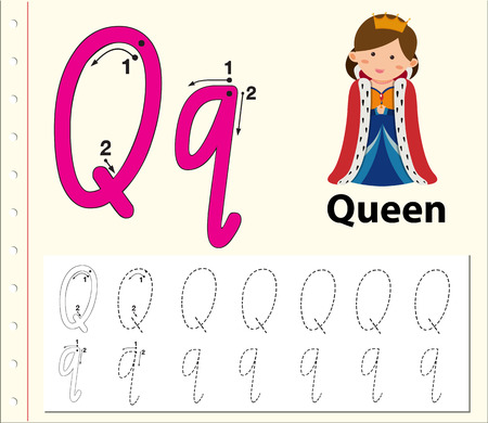 Letter Q tracing alphabet worksheets illustrationのイラスト素材