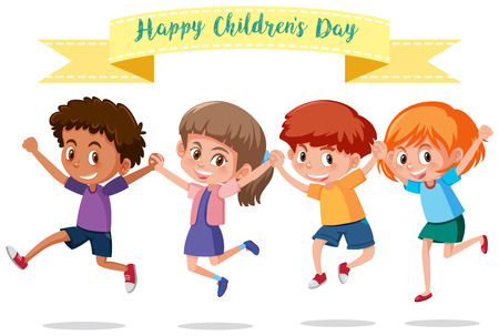 Group of children with banner illustrationのイラスト素材