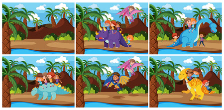 Children riding dinosaur in prehistoric scene illustrationのイラスト素材