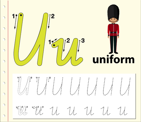 Letter U tracing alphabet worksheets illustrationのイラスト素材