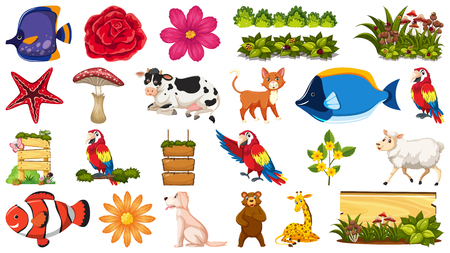 Set of animal and plant illustrationのイラスト素材