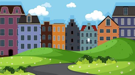 View of town from park illustrationのイラスト素材