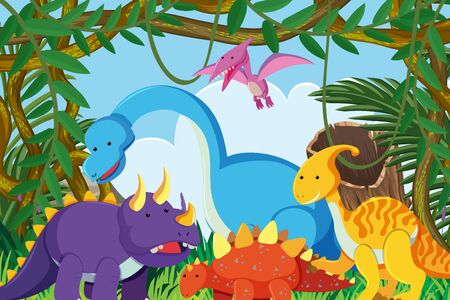 Dinosaurs in jungle scene illustrationのイラスト素材
