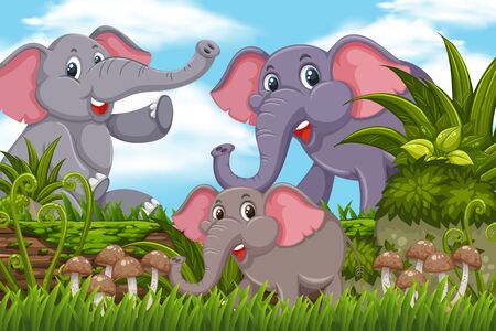 Elephants in jungle scene illustrationのイラスト素材