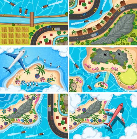 Set of aerial view scenes illustrationのイラスト素材