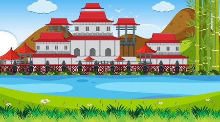 An outdoor scene with Asian castle illustrationのイラスト素材