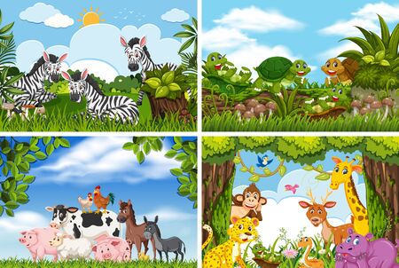 Set of various animals in nature scenes illustrationのイラスト素材